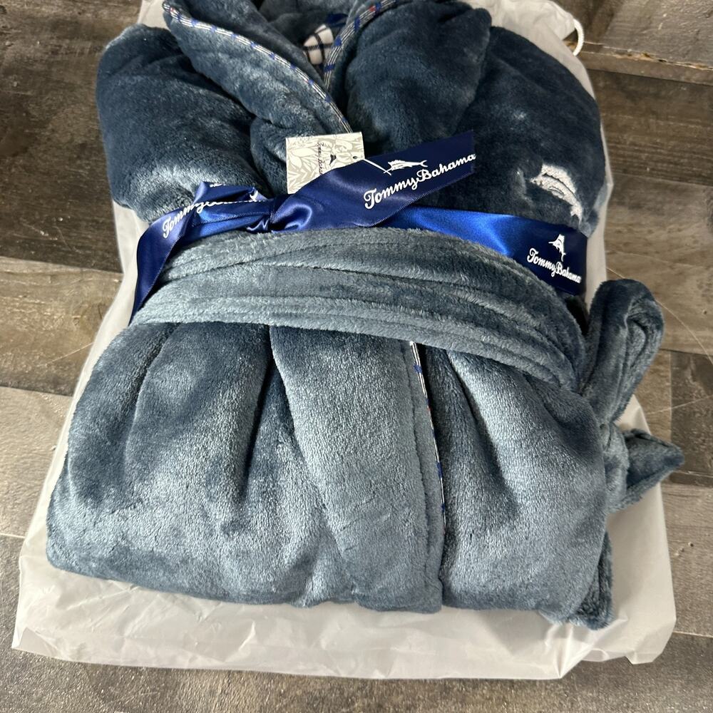 Tommy Bahama His Hers Navy Blue Plush Robe One Size Fits Most New - Picture 6 of 6